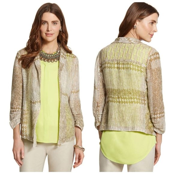 Unworn!! Chico's Metallic Patchwork Lightweight Linen Open Jacket Size M - Picture 1 of 12